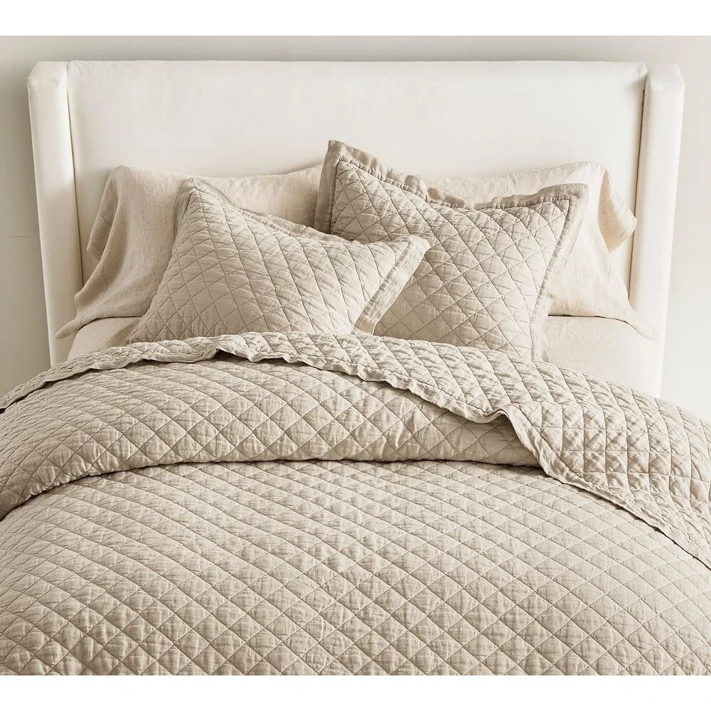 Pottery Barn Belgian Flax Linen Diamond Quilt Full/Queen Flax Washed Natural